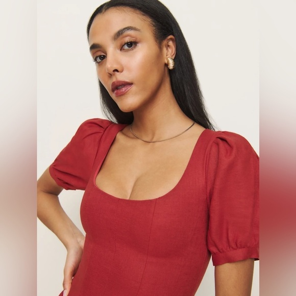NEW Reformation Coucou Midi Linen Dress Sundried Tomato Red | US 2 UK 6 - Picture 3 of 16